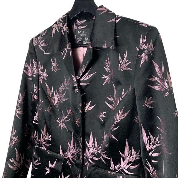 Vintage Y2K MSK Purple Foliage Pattern Silk Blend Satin Longline Blazer Petite M - Picture 2 of 16